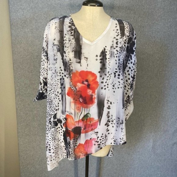 Jess & Jane Women's Tunic White Red Poppy Sequin Sheer Cheetah Asymmetrical XL - Picture 6 of 14